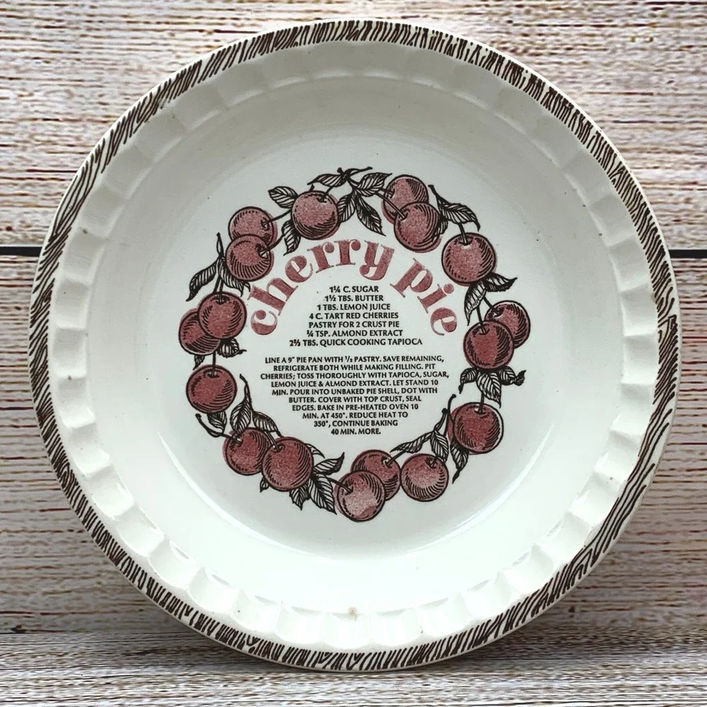 Vintage‎ Cherry Pie Recipe Ceramic Stoneware Pie Plate Dish Made in USA